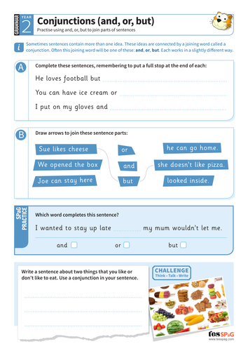 using conjunctions and or but worksheet year 2 spag