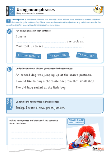 Using noun phrases worksheet - Year 2 Spag