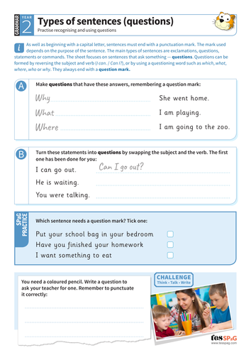 using different types of sentences questions worksheet year 2 spag teaching resources