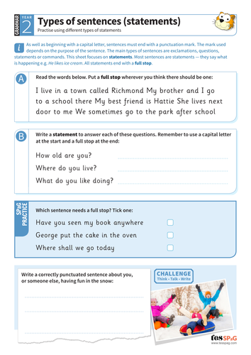 Using different types of sentences (statements) worksheet - Year 2 Spag