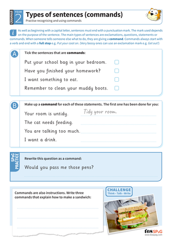 using different types of sentences commands worksheet