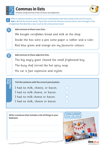 Commas in lists worksheet - Year 2 Spag