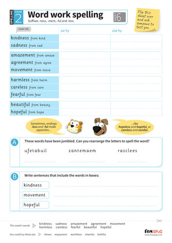 Suffixes -ness, -ment, -ful, -less - Spelling Worksheet - Year 2 Spag