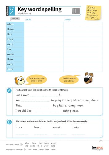 Key Words Spelling Worksheet 1 - Year 2 Spag