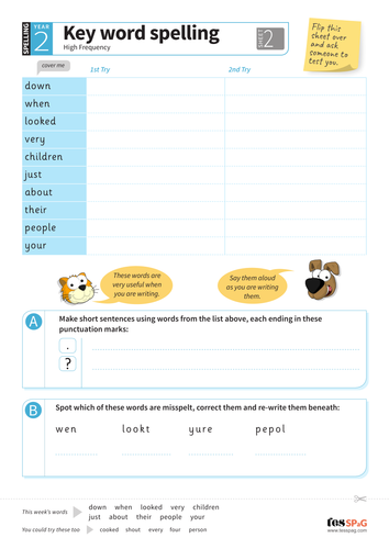 Key Words Spelling Worksheet 2 - Year 2 Spag