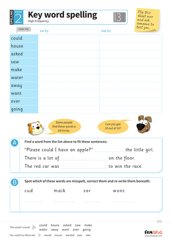 Key Words Spelling Worksheet 3 - Year 2 Spag