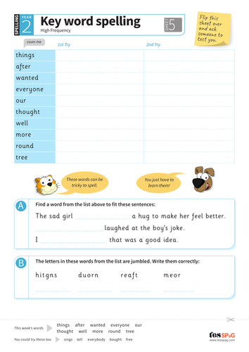 Key Words Spelling Worksheet 5 - Year 2 Spag