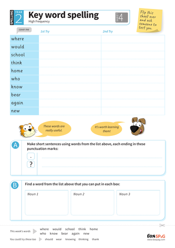 Key Words Spelling Worksheet 4 - Year 2 Spag