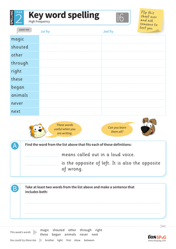 key words spelling worksheet 6 year 2 spag teaching resources