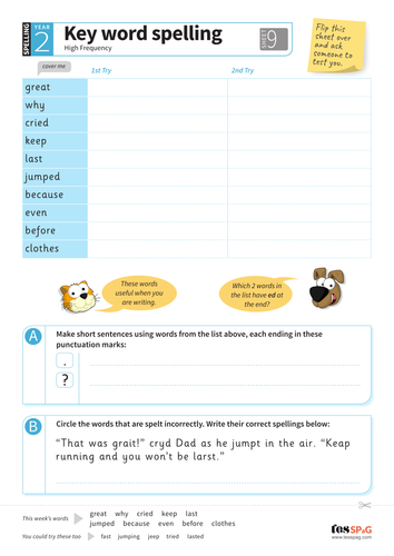 Key Words Spelling Worksheet 9 - Year 2 Spag