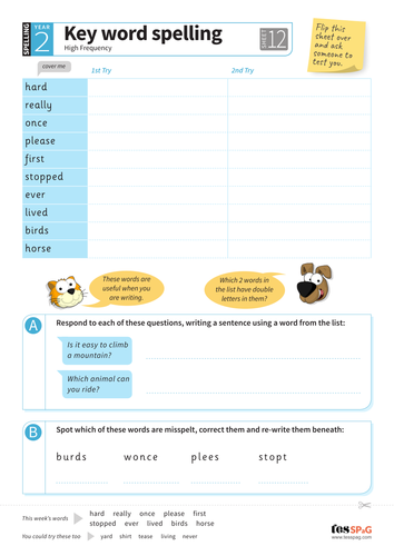 Key Words Spelling Worksheet 12 - Year 2 Spag