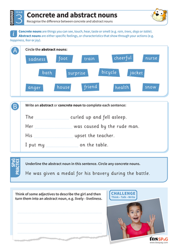Using concrete and abstract nouns worksheet - Year 3 Spag