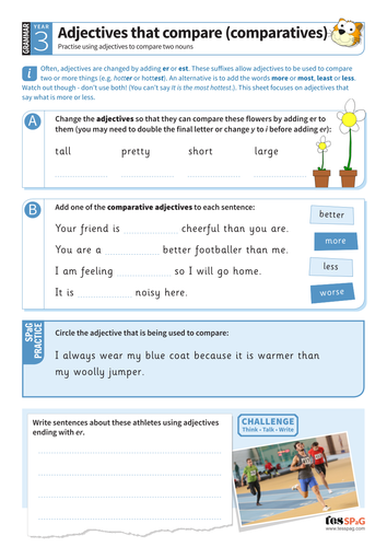 Using adjectives that compare two nouns worksheet - Year 3 Spag ...