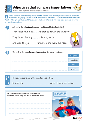 Using adjectives that compare a group of nouns worksheet - Year 3 Spag