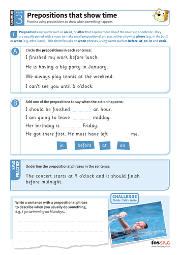 Prepositions that show time worksheet - Year 3 Spag