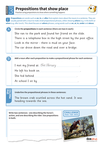 Prepositions that show place worksheet - Year 3 Spag