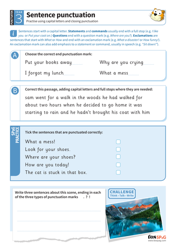 Sentence punctuation worksheet - Year 3 Spag