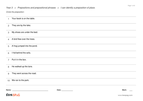Prepositions Question Sheets - Year 3 Spag