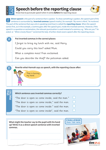Speech before the reporting clause worksheet - Year 3 Spag