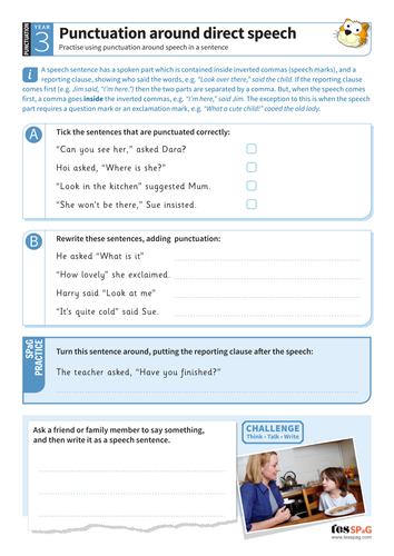 Using punctuation around direct speech worksheet - Year 3 Spag