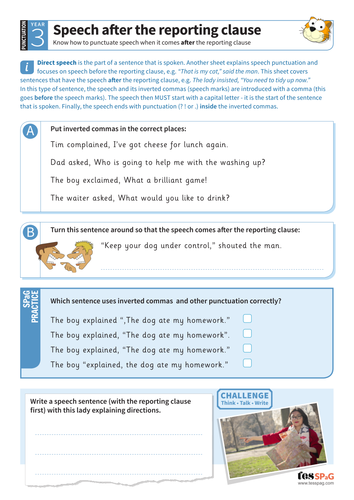 Speech after the reporting clause worksheet - Year 3 Spag