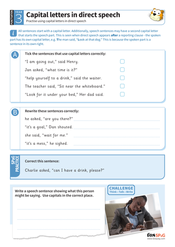 Using capital letters in direct speech worksheet - Year 3 Spag