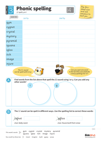 Alternative spellings for /i/ - Spelling Worksheet - Year 3 Spag