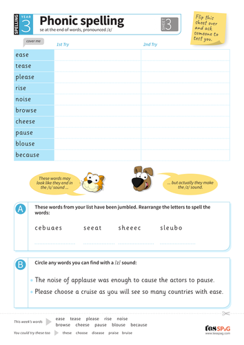 Alternative spellings for /z/ endings - Spelling Worksheet - Year 3 Spag