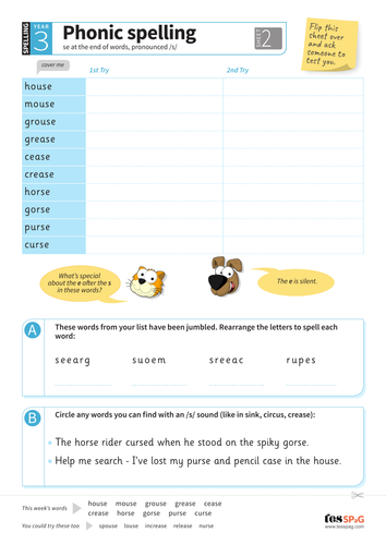 Alternative spellings for /s/ endings - Spelling Worksheet - Year 3 Spag
