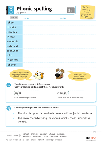 Alternative spellings for /k/ - Spelling Worksheet - Year 3 Spag