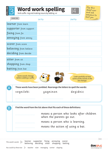 Verb suffix-ing and making nouns by adding -er - Spelling Worksheet - Year 3 Spag