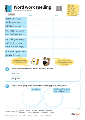 Verb suffixes -s, -es and -ed - Spelling Worksheet - Year 3 Spag
