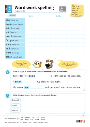 Irregular verbs - Spelling Worksheet - Year 3 Spag