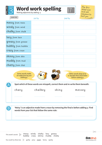 Making adjectives by adding -y - Spelling Worksheet - Year 3 Spag