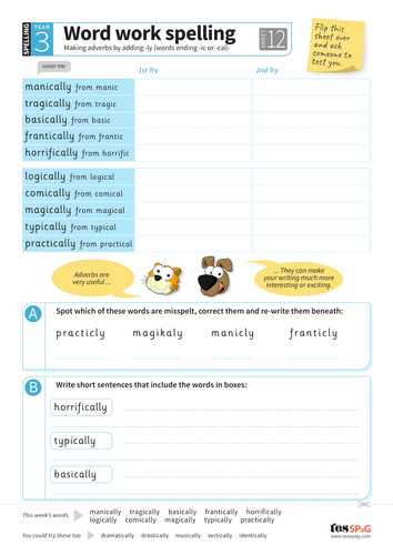 Making adverbs by adding -ly (to words ending -ic or -cal) - Spelling Worksheet - Year 3 Spag