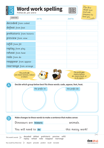 Prefixes de-, pre- and re- - Spelling Worksheet - Year 3 Spag