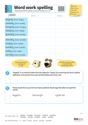 Making adverbs by adding -ly (to words ending -y or -le) - Spelling Worksheet - Year 3 Spag
