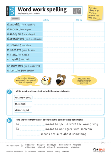 Prefixes dis-, mis- and un- - Spelling Worksheet - Year 3 Spag