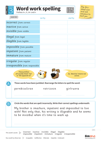 Prefixes in-, il-, im- and ir- - Spelling Worksheet - Year 3 Spag
