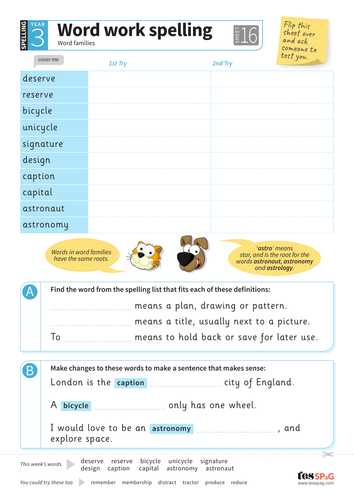 Word families - Spelling Worksheet - Year 3 Spag