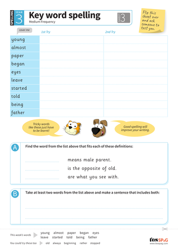 Key Words Spelling Worksheet 3 - Year 3 Spag