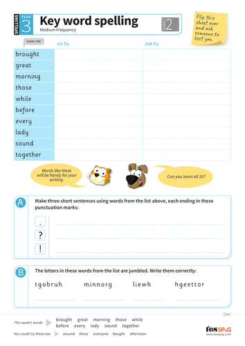 Key Words Spelling Worksheet 2 - Year 3 Spag