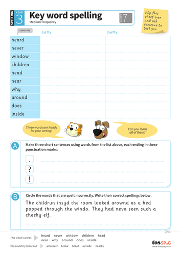 key words spelling worksheet 7 year 3 spag teaching resources