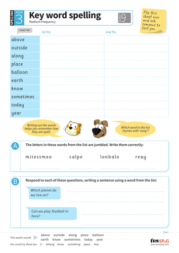 Key Words Spelling Worksheet 9 - Year 3 Spag