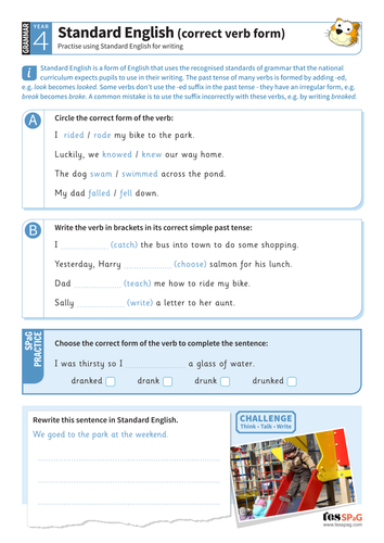 Standard English correct verb form worksheet - Year 4 Spag