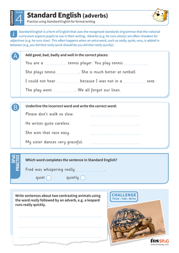 Standard English adverbs worksheet - Year 4 Spag