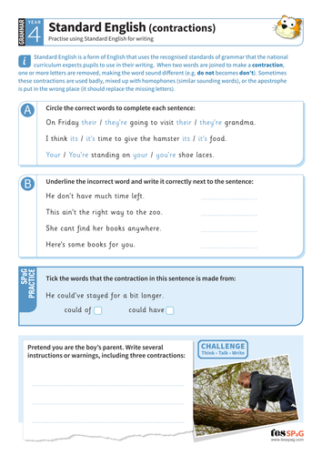 Standard English contractions worksheet - Year 4 Spag