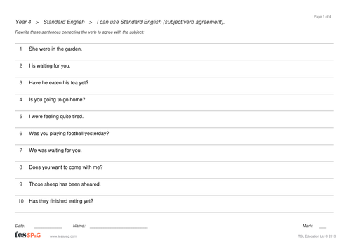 Standard English Question Sheets - Year 4 Spag