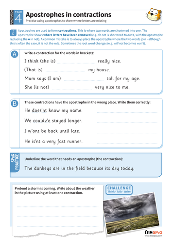 Apostrophes in contractions worksheet - Year 4 Spag