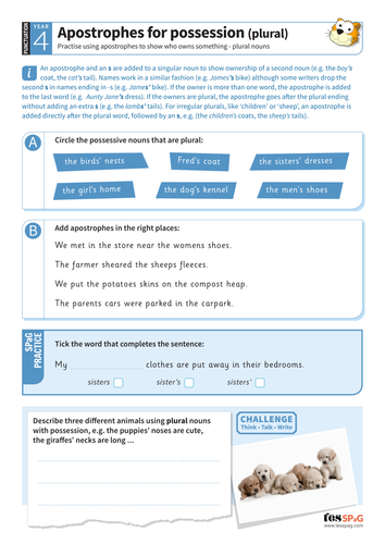 Apostrophes for possession (plural nouns) worksheet - Year 4 Spag